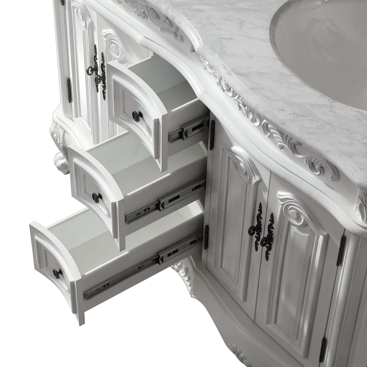 Silkroad 48" Double Sink Cabinet - Carrara White Top, Undermount White Ceramic Sinks (3-hole)