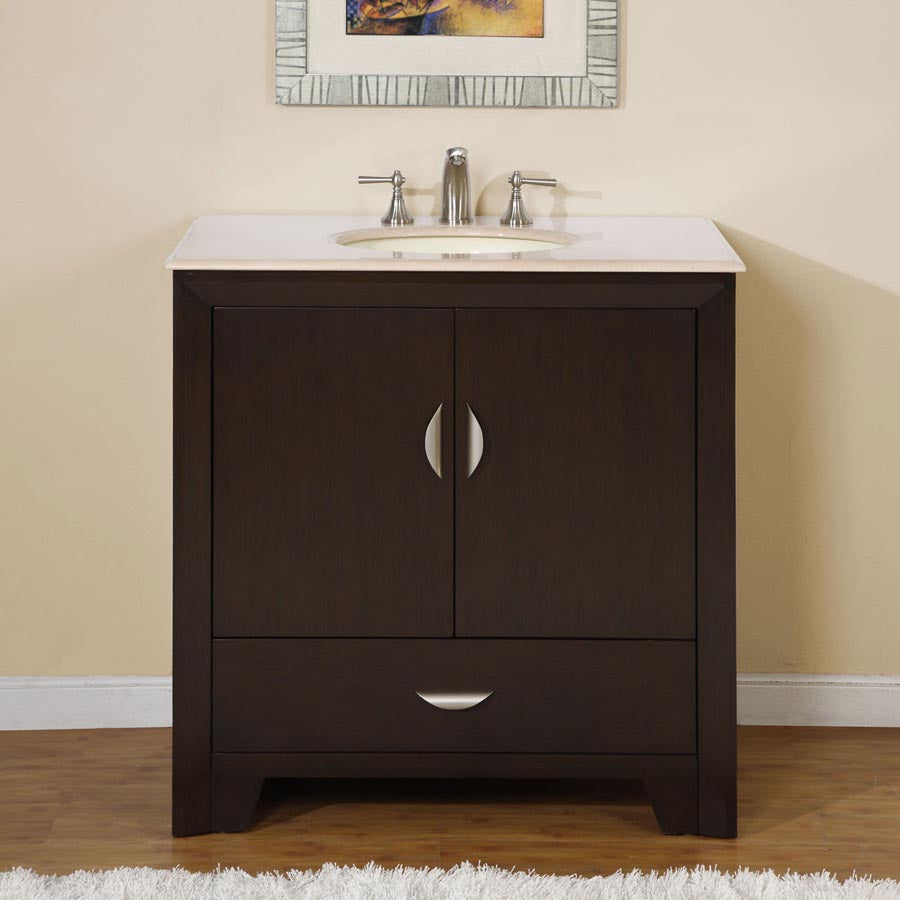 Silkroad 36"Single Sink Cabinet - Cream Marfil Marble Top, Under Mount, White Ceramic Sink (3 holes)