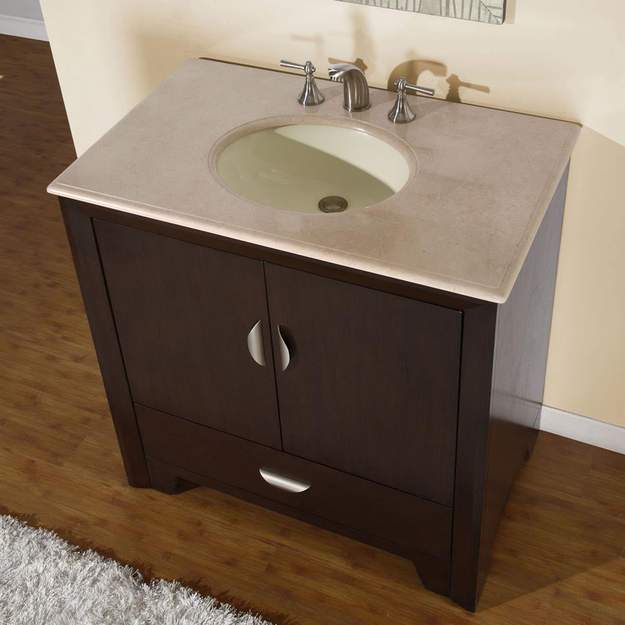 Silkroad 36"Single Sink Cabinet - Cream Marfil Marble Top, Under Mount, White Ceramic Sink (3 holes)