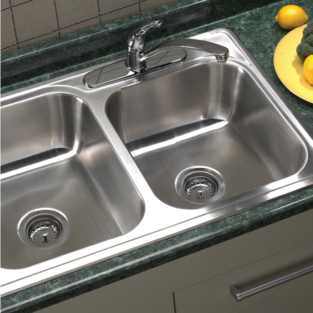 Houzer Glowtone 33" Stainless Steel Topmount 60/40 Double Bowl Kitchen Sink with Strainers & Grids