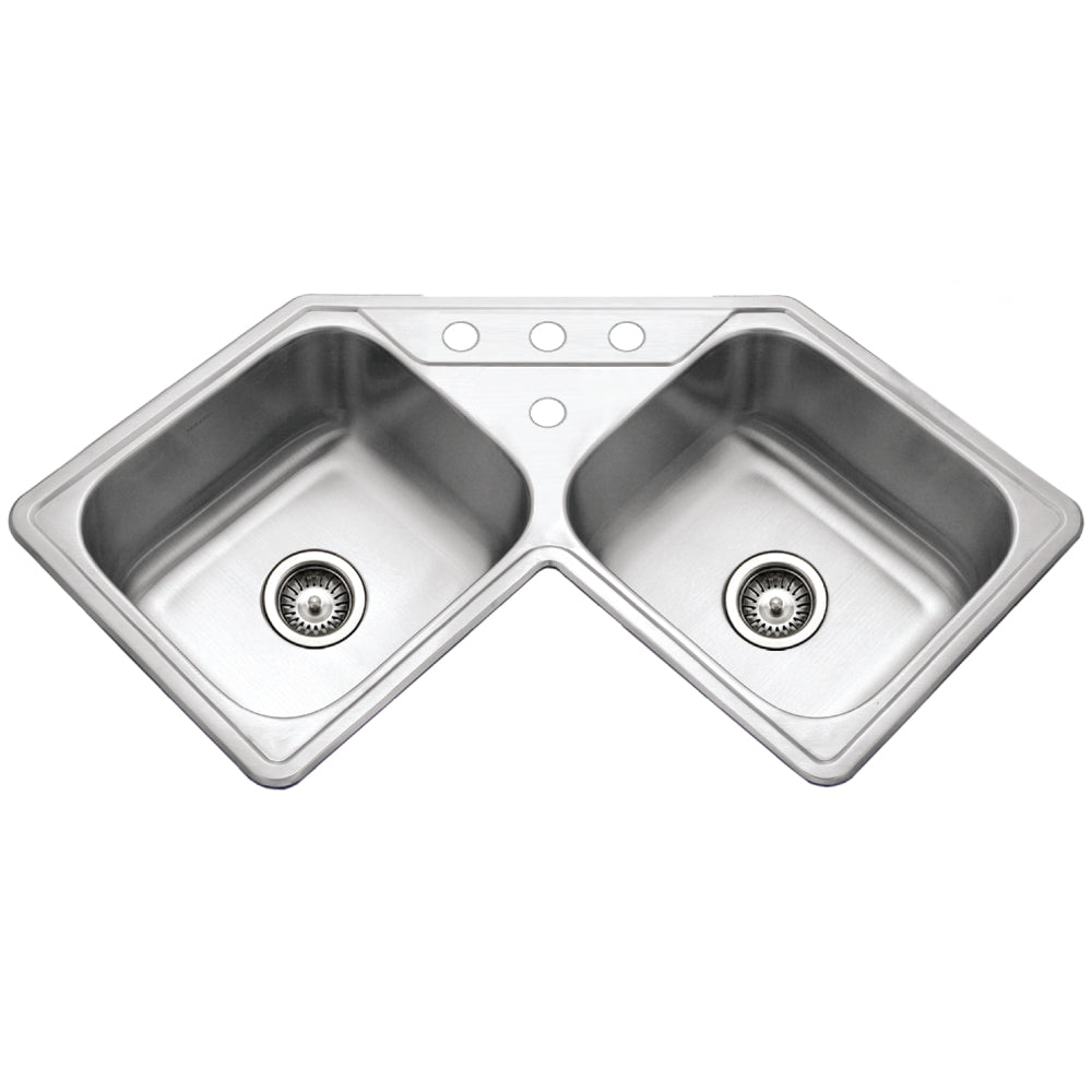 Houzer Legend 32" Stainless Steel Drop-in Topmount 4-hole 50/50 Double Bowl Corner Kitchen Sink, Nested 20-Pack