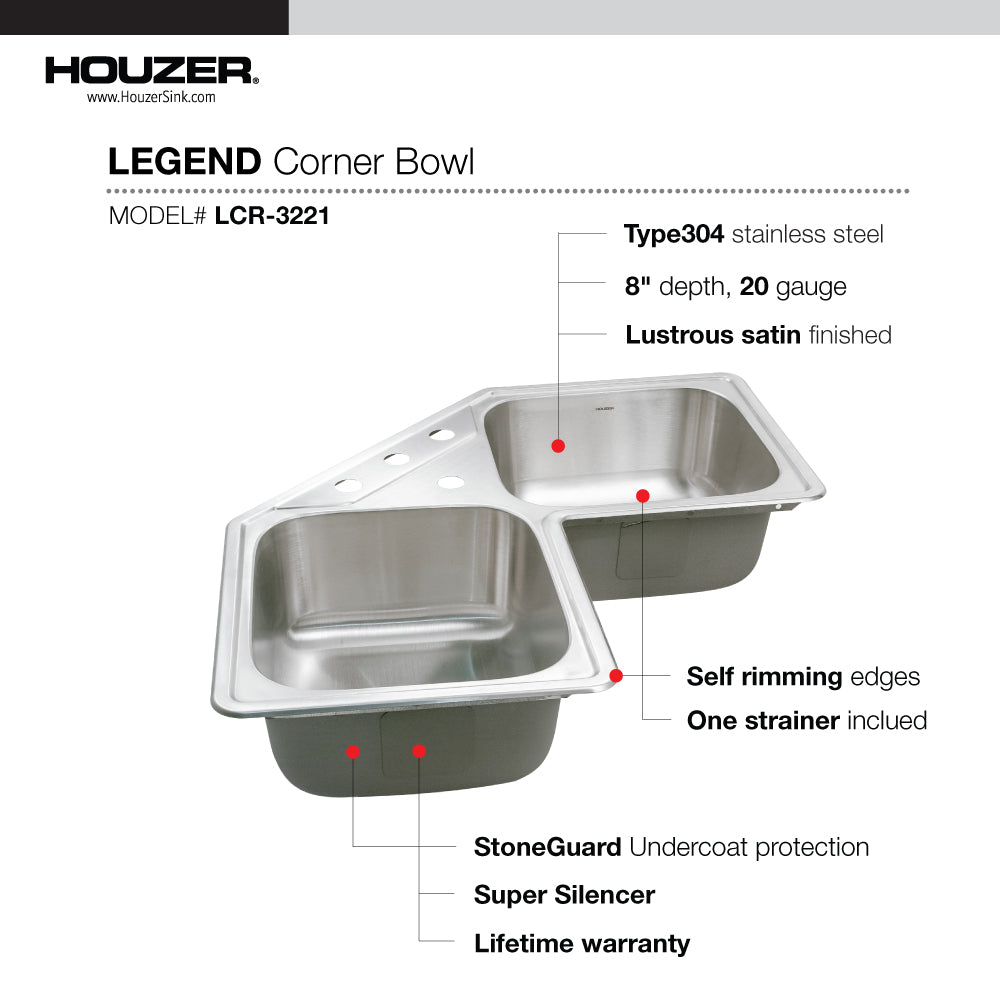 Houzer Legend 32" Stainless Steel Drop-in Topmount 4-hole 50/50 Double Bowl Corner Kitchen Sink, Nested 20-Pack