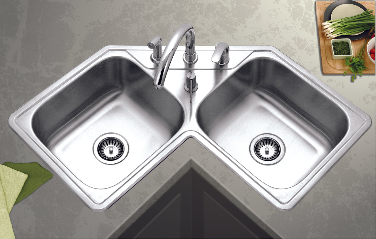 Houzer Legend 32" Stainless Steel Drop-in Topmount 4-hole 50/50 Double Bowl Corner Kitchen Sink, Nested 20-Pack
