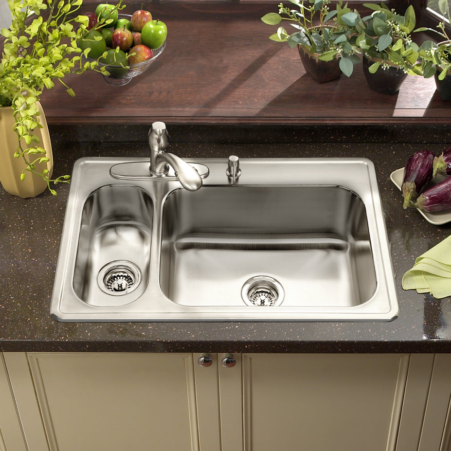 Houzer Legend 33" Stainless Steel Topmount 4-hole 80/20 Left Small Double Bowl Kitchen Sink, Nested 20-Pack
