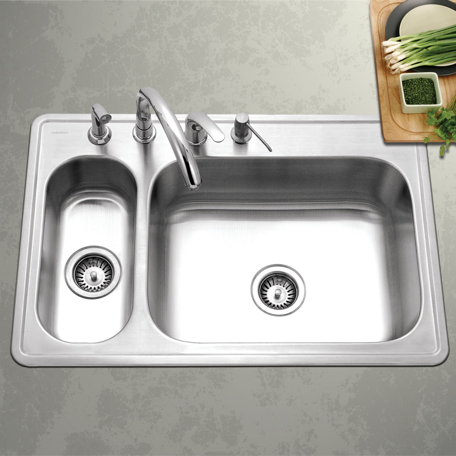 Houzer Legend 33" Stainless Steel Topmount 4-hole 80/20 Left Small Double Bowl Kitchen Sink, Nested 20-Pack