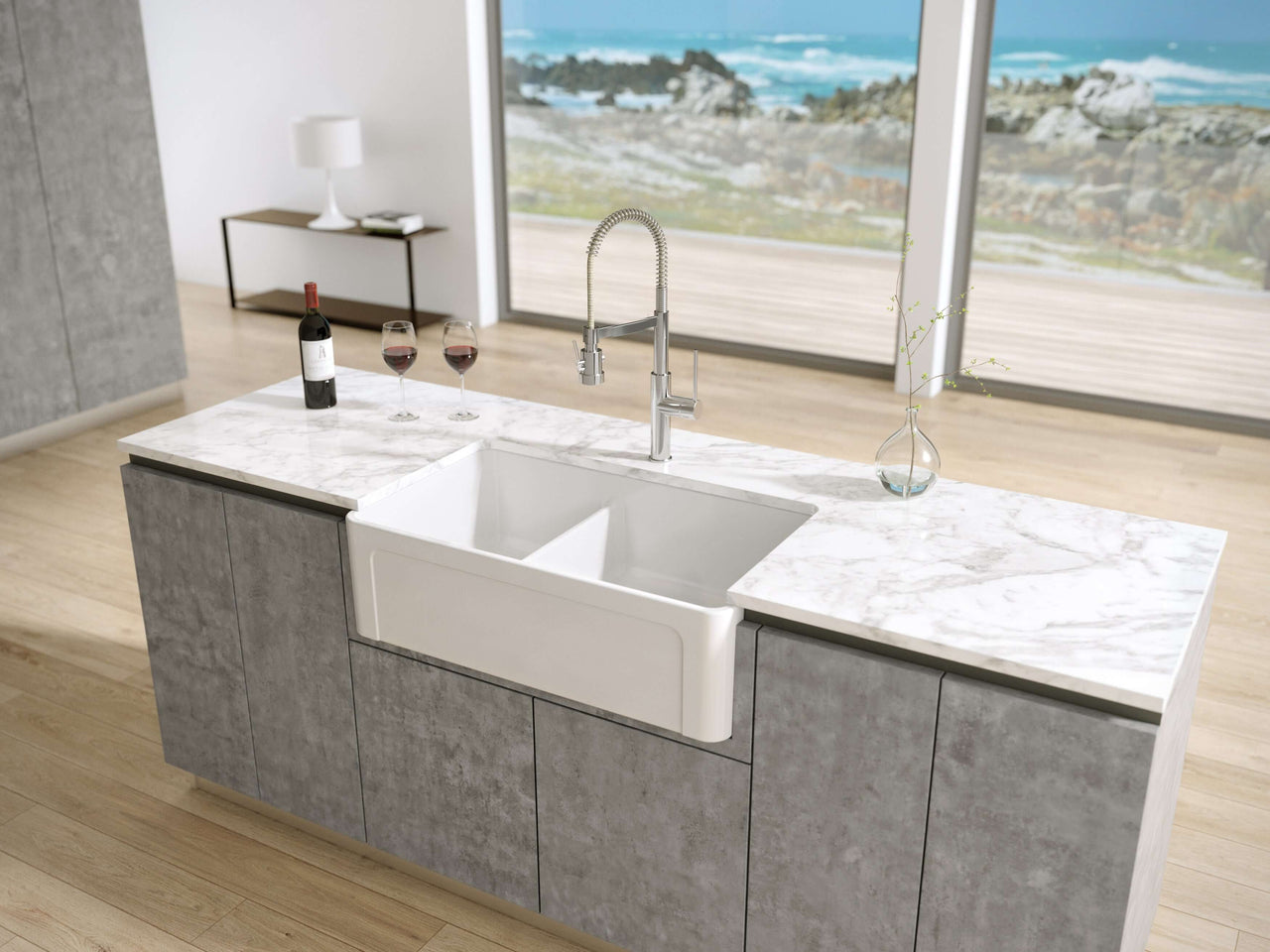 LaToscana 33" Double Bowl Reversible Farmhouse Fireclay Kitchen Sink in White