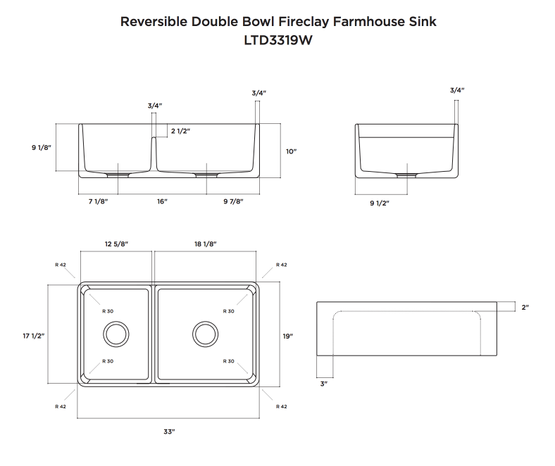 LaToscana 33" Double Bowl Reversible Farmhouse Fireclay Kitchen Sink in White