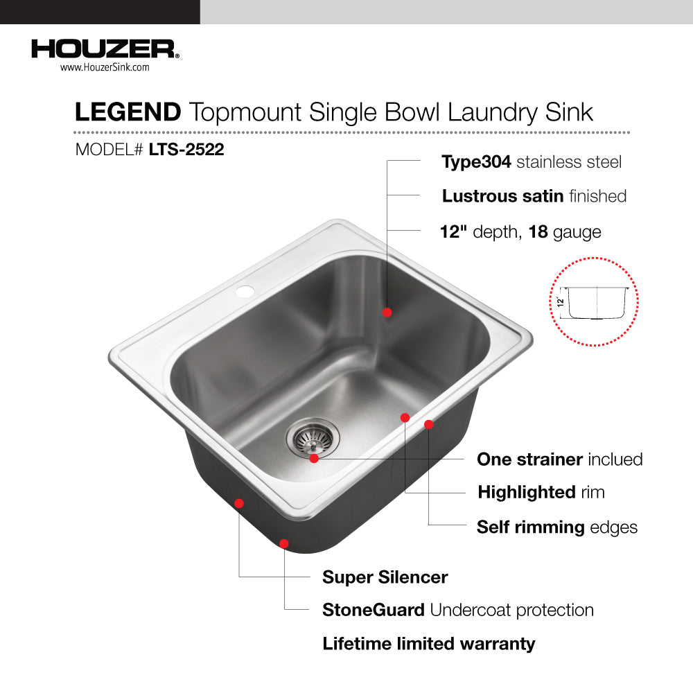 Houzer Laundry 25 inch Stainless Steel Drop-in Topmount 1-hole Single Bowl Sink, 12 inch Deep Laundry Sink