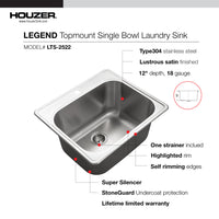 Thumbnail for Houzer Laundry 25 inch Stainless Steel Drop-in Topmount 1-hole Single Bowl Sink, 12 inch Deep Laundry Sink