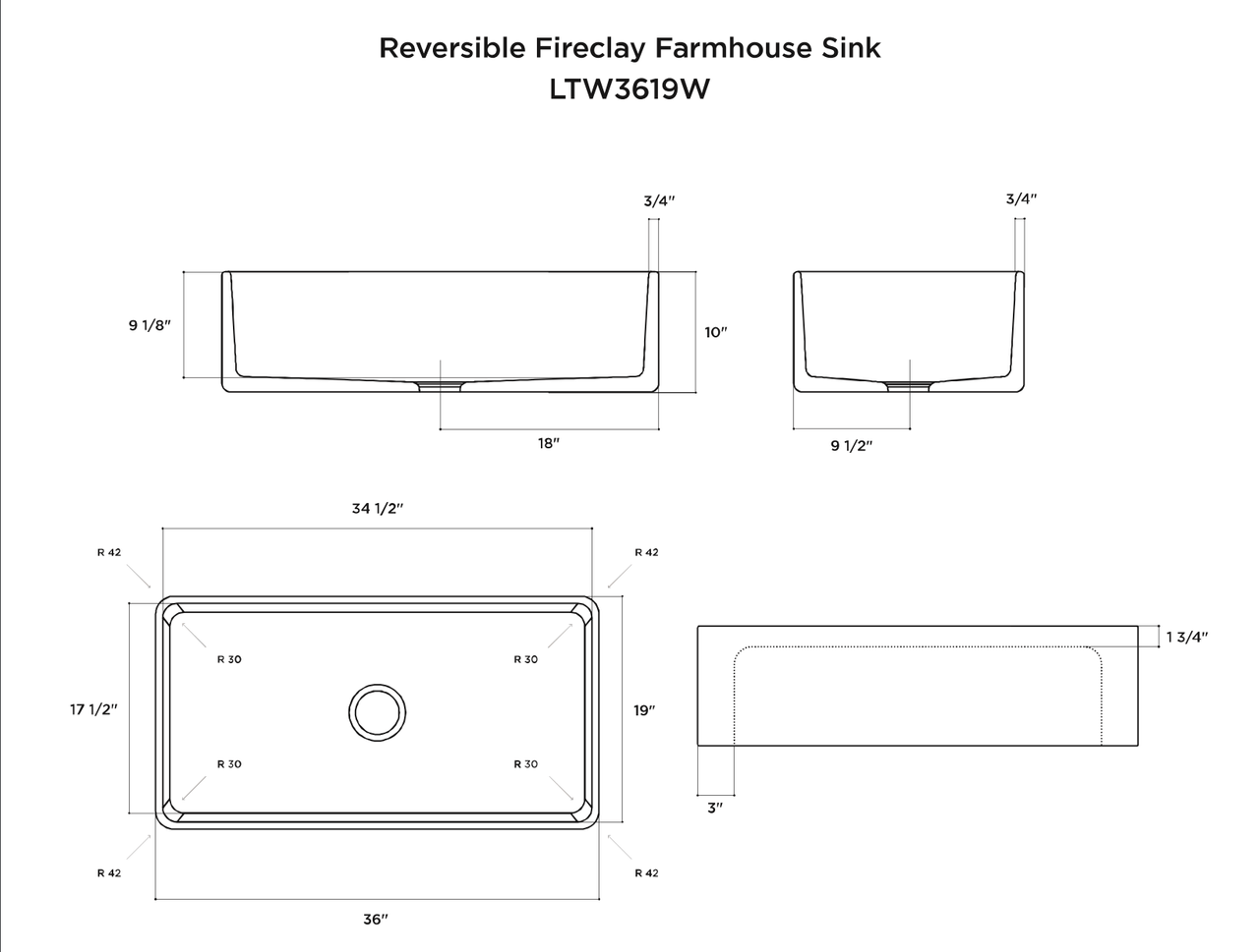 LaToscana 36" Single Bowl Reversible Farmhouse Fireclay Kitchen Sink in White