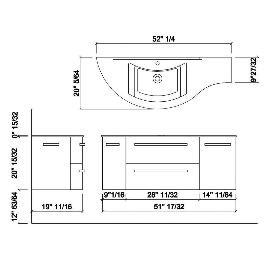 LaToscana 52" Ameno Series Left Side Corner Sink Modern Bathroom Wall-Mounted Vanity Left Rounded & Right Concave Cabinets