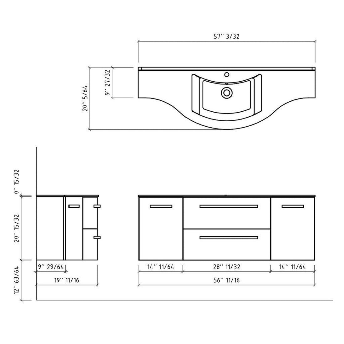 LaToscana 57" Ameno Series Center Sink Modern Bathroom Wall-Mounted Vanity Left & Right Concave Cabinets