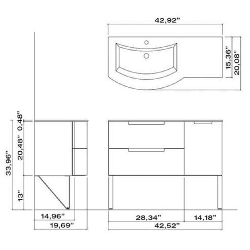 LaToscana 43" Oasi Series Left Sink Modern Bathroom Wall-Mounted Vanity Right Side Cabinet in Distante Blue