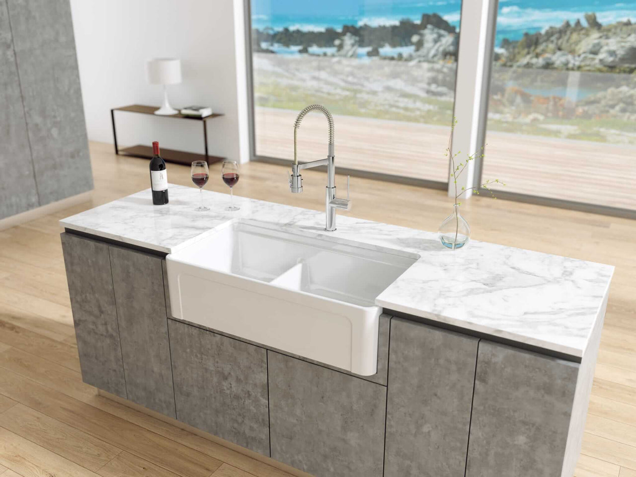 LaToscana 36" Double-Bowl Reversible Fireclay Farmhouse Kitchen Sink in White