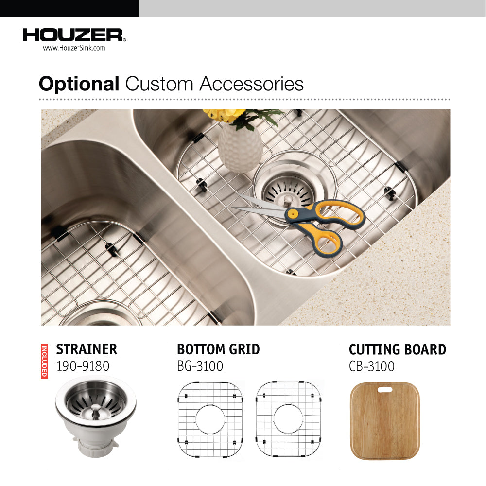 Houzer Medallion Classic 31 inch Stainless Steel Undermount 50/50 Double Bowl Kitchen Sink with Strainer & Grid
