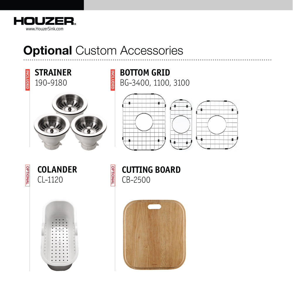 Houzer Premier 41 inch Stainless Steel Drop-in Topmount 4-hole Triple Bowl Kitchen Sink with Strainers & Grids