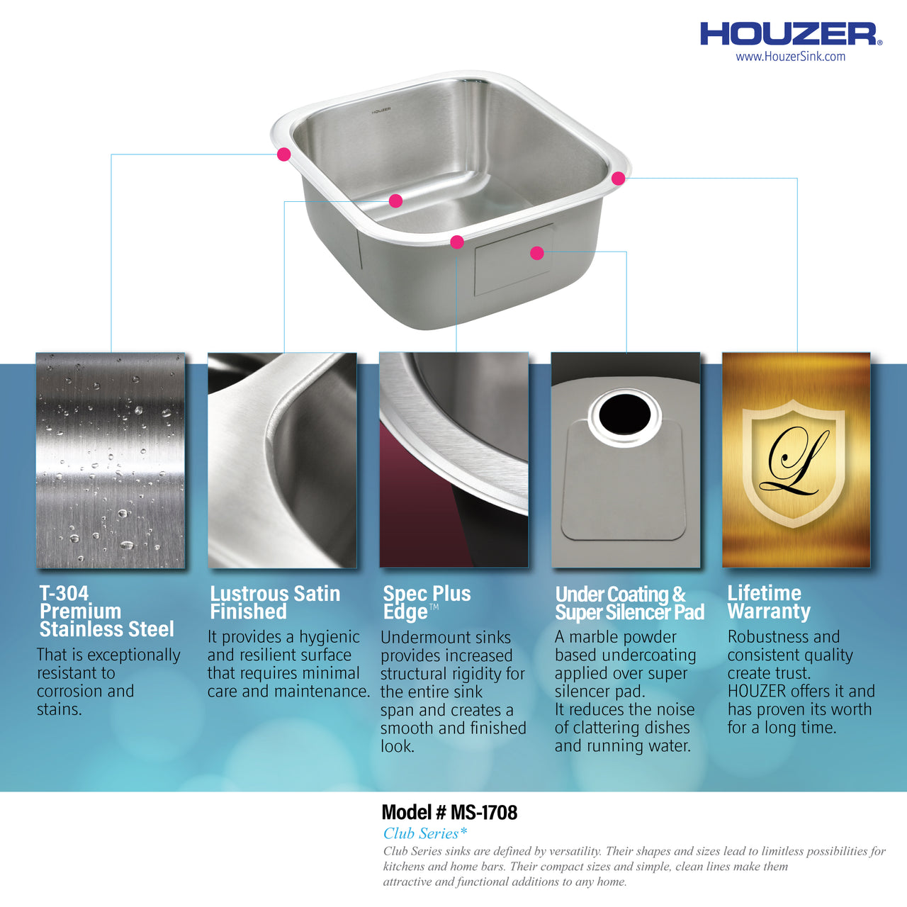 Houzer Club 17 inch Stainless Steel Undermount Bowl Bar and Prep Sink with Strainer & Bottom Grid