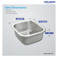Thumbnail for Houzer Club 17 inch Stainless Steel Undermount Bowl Bar and Prep Sink with Strainer & Bottom Grid