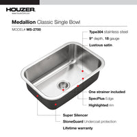 Thumbnail for Houzer Medallion Designer Series Stainless Steel Undermount Single D-Bowl Kitchen Sink – Nested 20-Pack