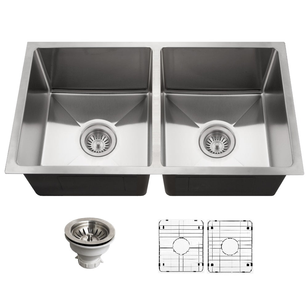 Houzer Nouvelle 31 inch Stainless Steel Undermount 50/50 Double Bowl Kitchen Sink with Strainer & Grid