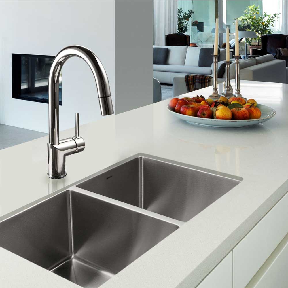 Houzer Nouvelle 31 inch Stainless Steel Undermount 50/50 Double Bowl Kitchen Sink with Strainer & Grid