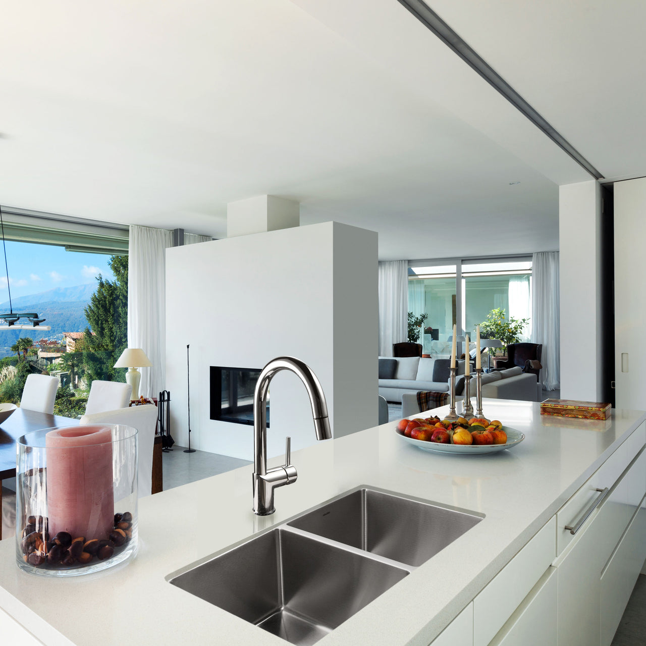 Houzer Nouvelle 31 inch Stainless Steel Undermount 50/50 Double Bowl Kitchen Sink with Strainer & Grid