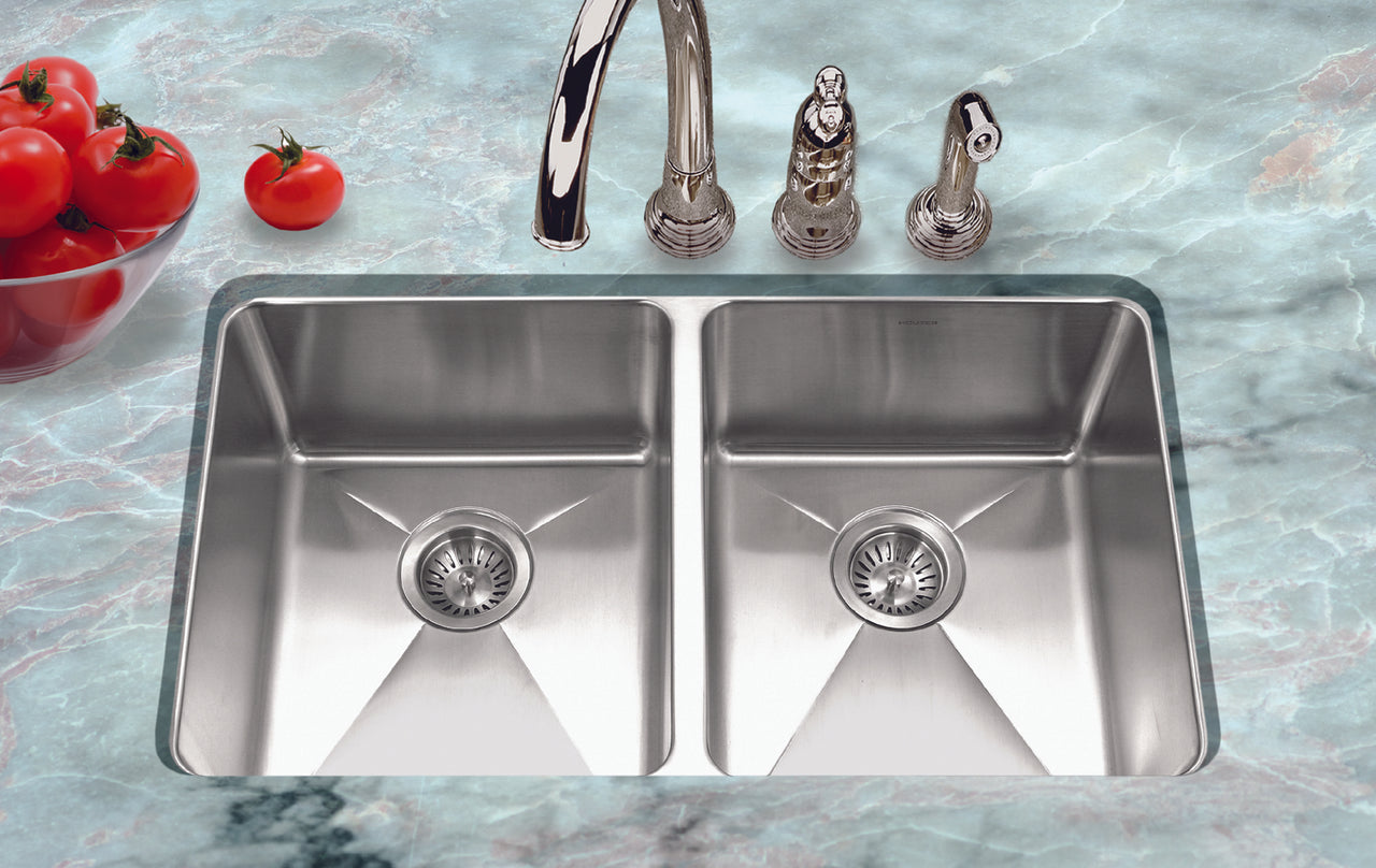 Houzer Nouvelle 31 inch Stainless Steel Undermount 50/50 Double Bowl Kitchen Sink with Strainer & Grid