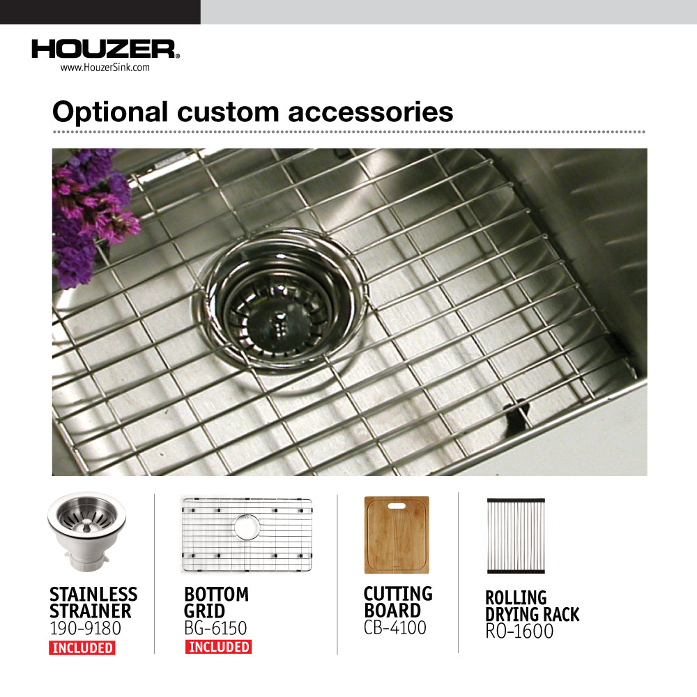 Houzer Nouvelle 31 inch Stainless Steel Undermount Single Bowl Kitchen Sink with Strainer & Grid