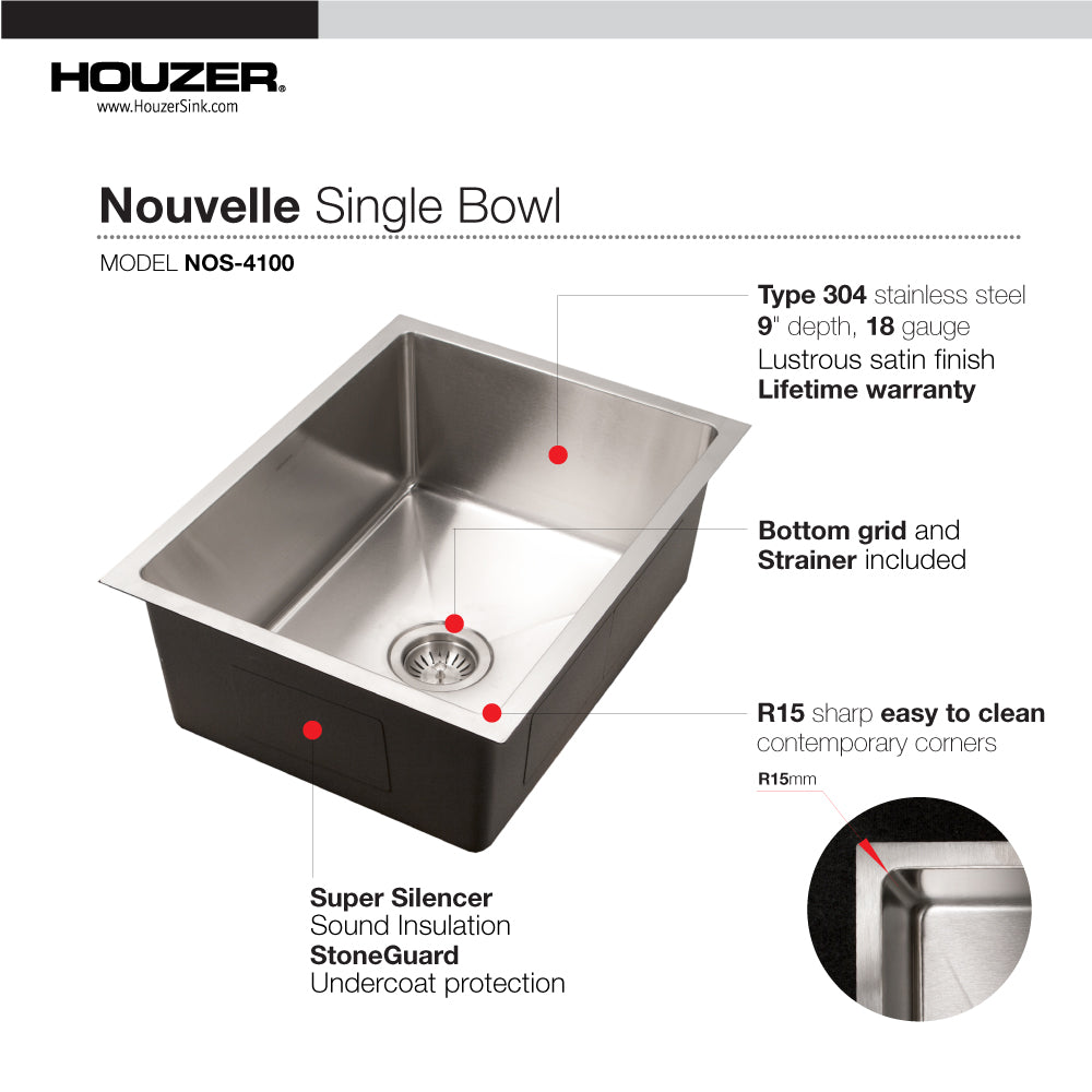 Houzer Nouvelle 23 inch Stainless Steel Undermount Single Bowl Kitchen Sink, Nested 20-Pack