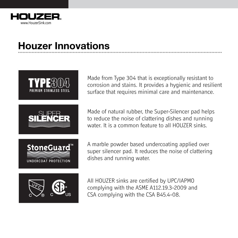 Houzer Nouvelle 23 inch Stainless Steel Undermount Single Bowl Kitchen Sink with Strainer & Grid