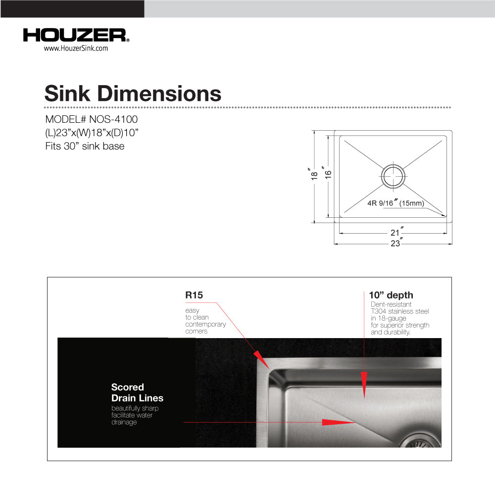 Houzer Nouvelle 23 inch Stainless Steel Undermount Single Bowl Kitchen Sink, Nested 20-Pack