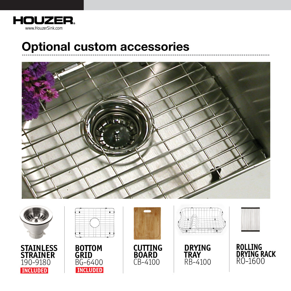 Houzer Nouvelle 23 inch Stainless Steel Undermount Single Bowl Kitchen Sink with Strainer & Grid