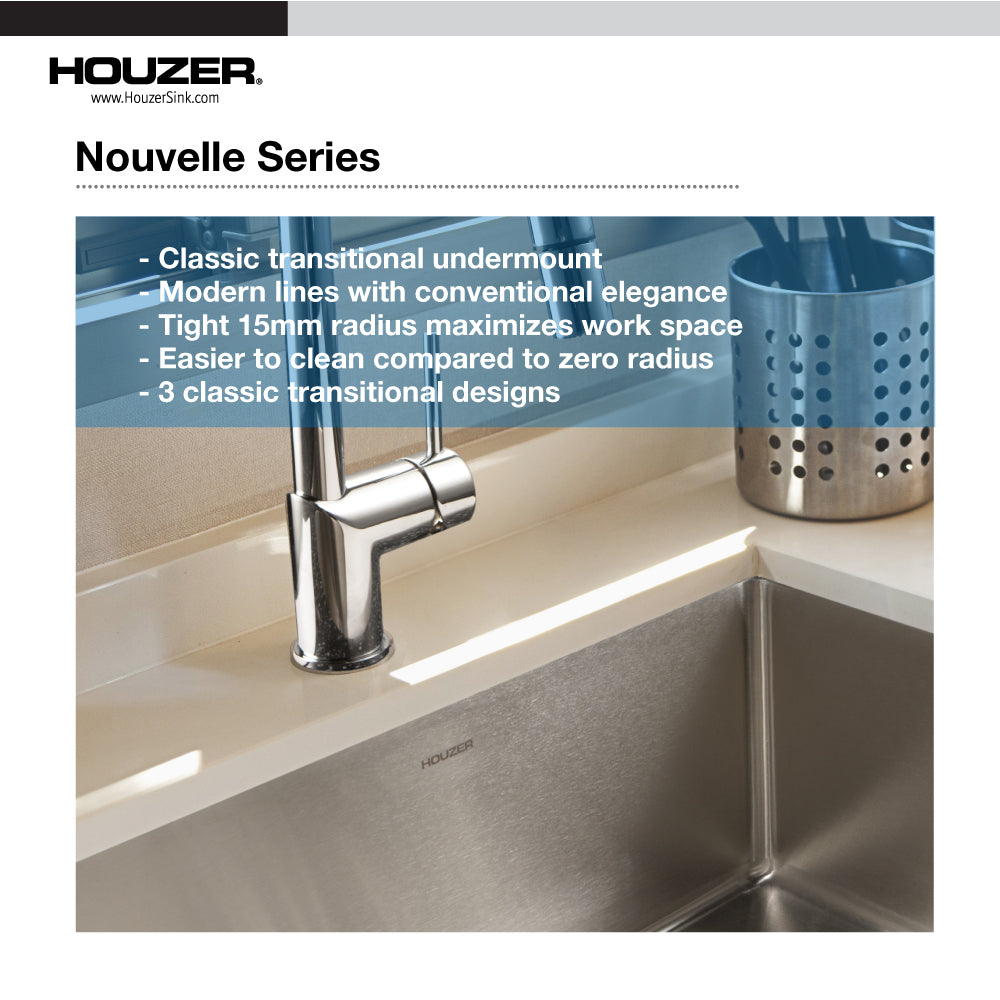 Houzer Nouvelle 23 inch Stainless Steel Undermount Single Bowl Kitchen Sink with Strainer & Grid