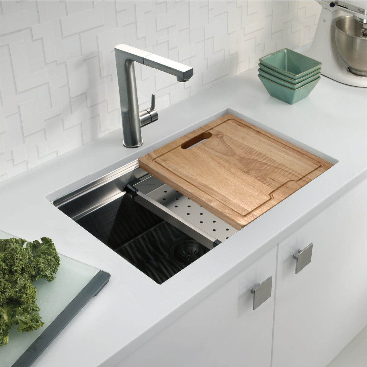 Houzer Novus 18 Gauge Stainless Steel Undermount Dual Platform Workstation Single Bowl Kitchen Sink with Accessories