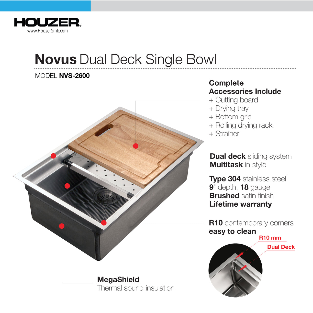Houzer Novus 18 Gauge Stainless Steel Undermount Dual Platform Workstation Single Bowl Kitchen Sink with Accessories