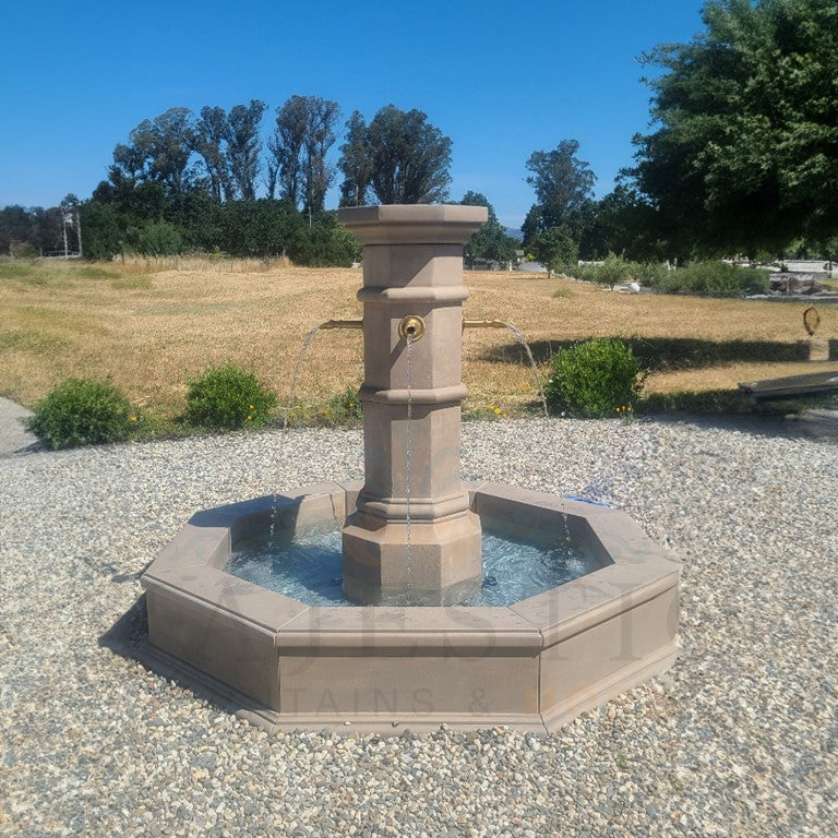 Octavius Outdoor Concrete Column Fountain – Plumbed for Pond with Rustic Spouts