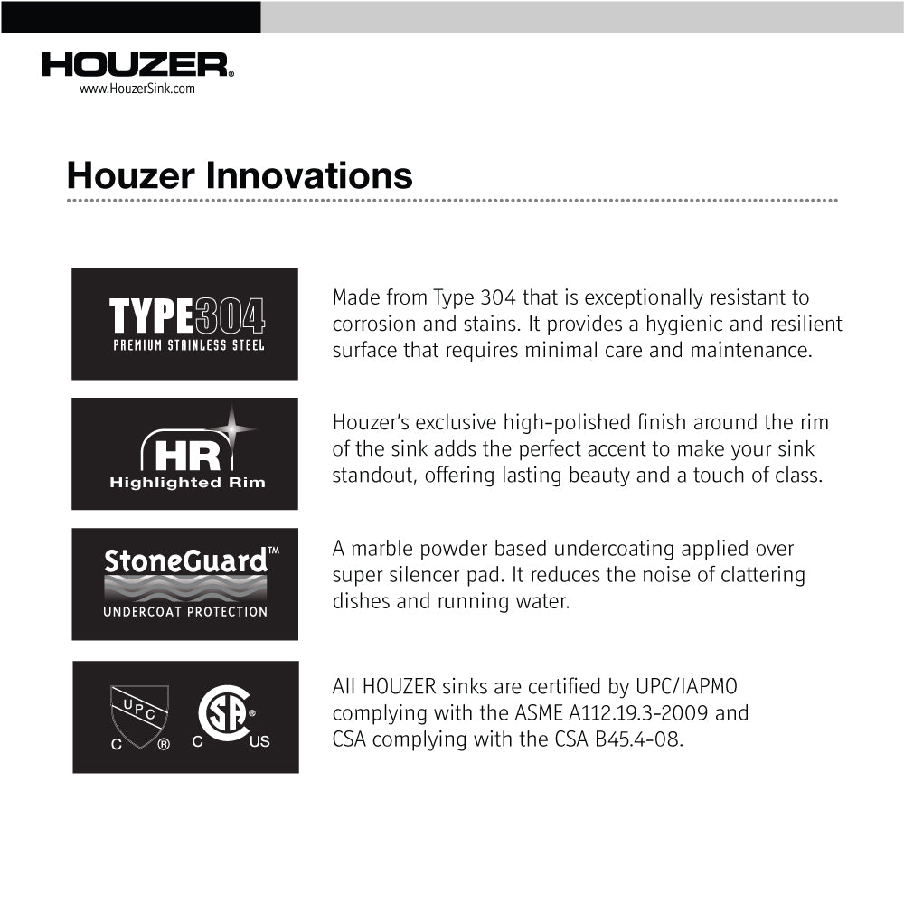 Houzer Premier 33 inch Stainless Steel Drop-in Topmount Single Bowl Kitchen Sink with Strainer & Grid