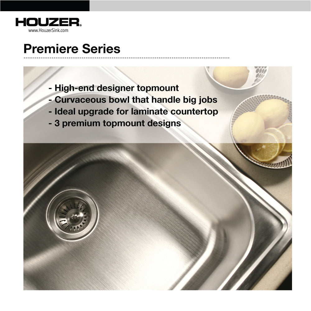 Houzer Premier 33 inch Stainless Steel Drop-in Topmount Single Bowl Kitchen Sink with Strainer & Grid