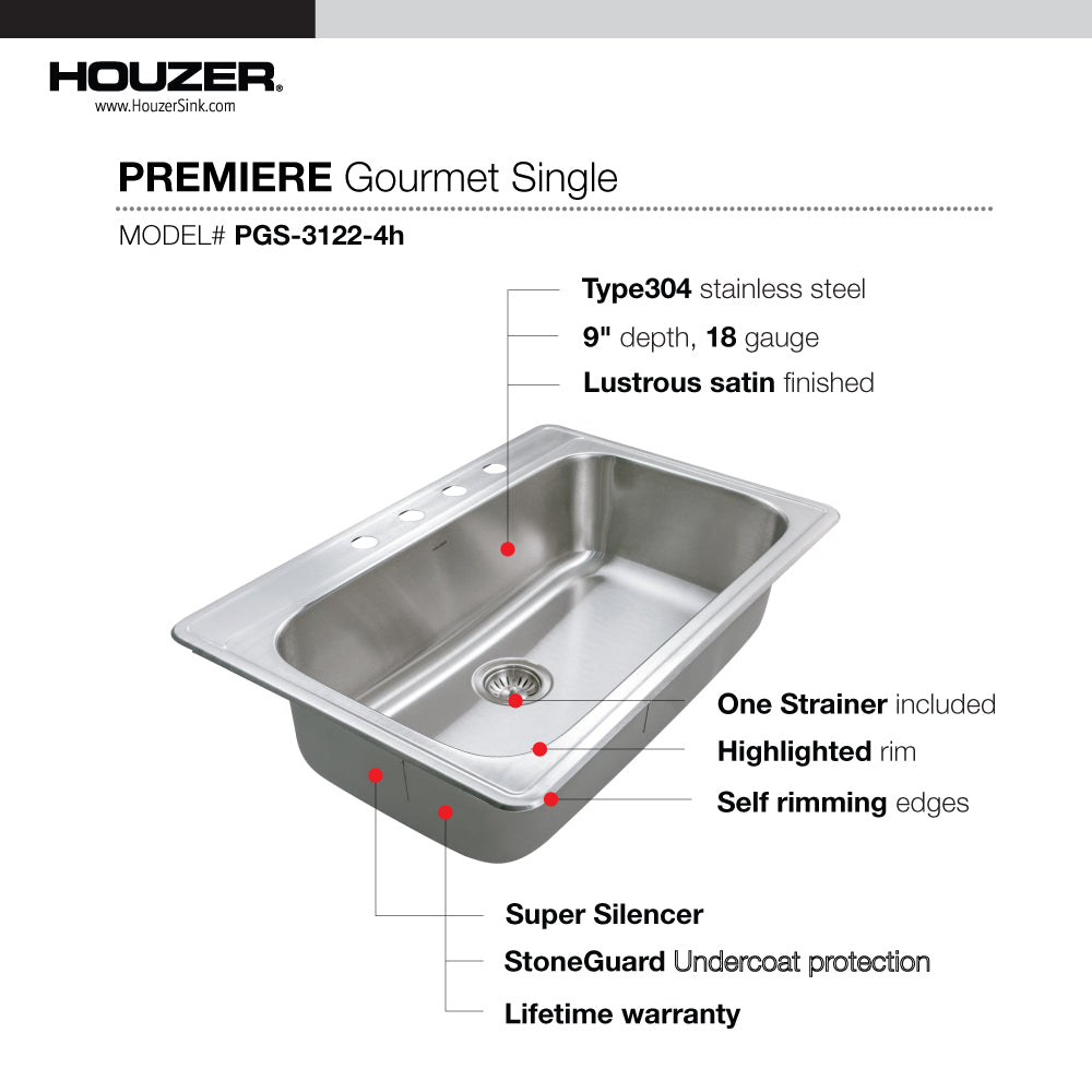 Houzer Premier 33 inch Stainless Steel Drop-in Topmount Single Bowl Kitchen Sink, Nested 20-Pack