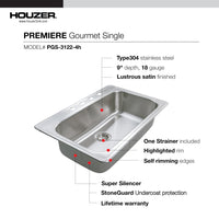 Thumbnail for Houzer Premier 33 inch Stainless Steel Drop-in Topmount Single Bowl Kitchen Sink, Nested 20-Pack