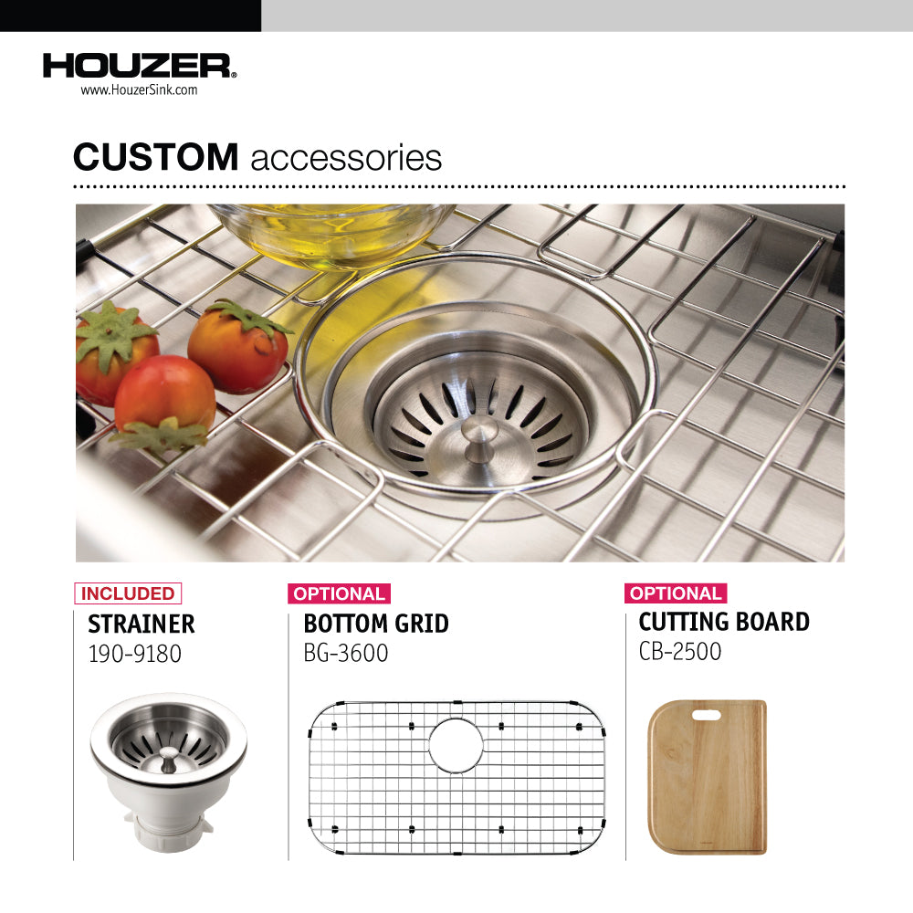 Houzer Premier 33 inch Stainless Steel Drop-in Topmount Single Bowl Kitchen Sink with Strainer & Grid