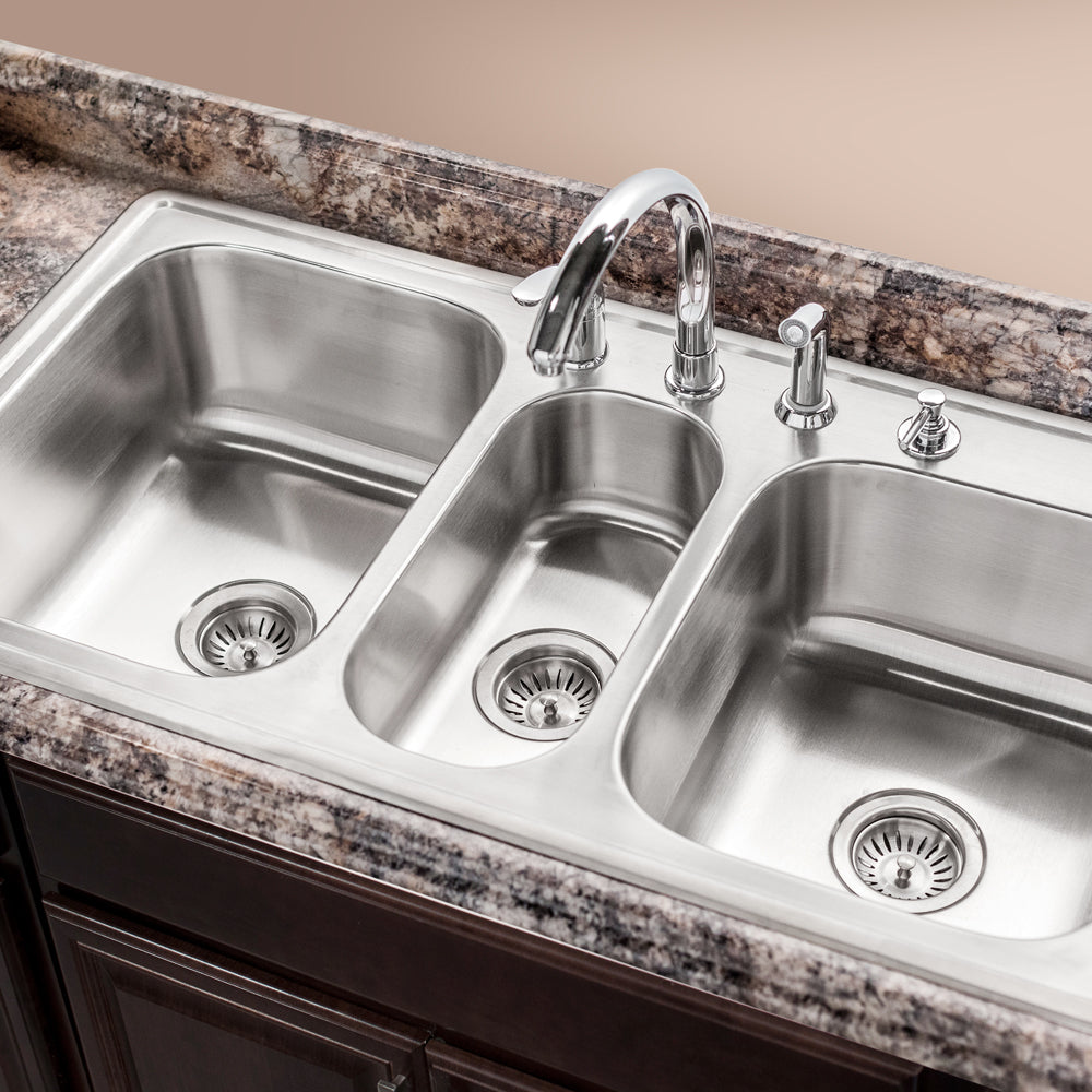 Houzer Premier 41 inch Stainless Steel Drop-in Topmount 4-hole Triple Bowl Kitchen Sink with Strainers & Grids