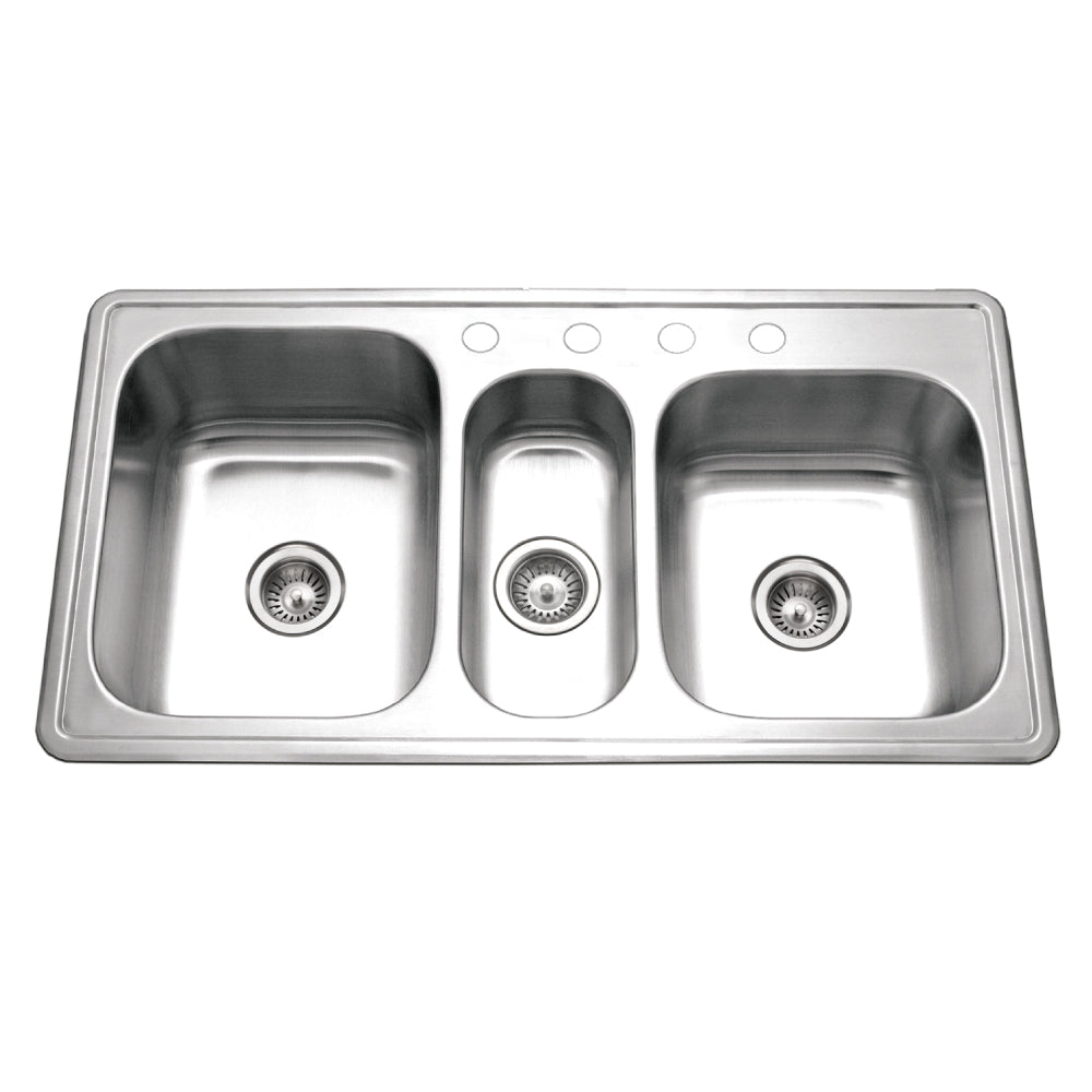 Houzer Premier 41 inch Stainless Steel Drop-in Topmount 4-hole Triple Bowl Kitchen Sink with Strainers & Grids