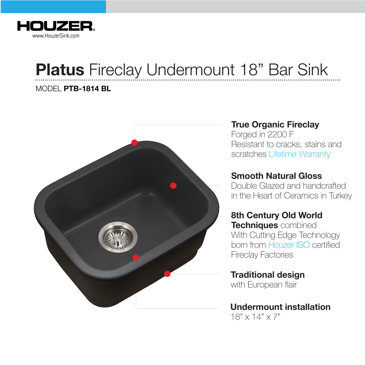 Houzer Platus 18 inch Fireclay Undermount Single Bowl Bar Sink