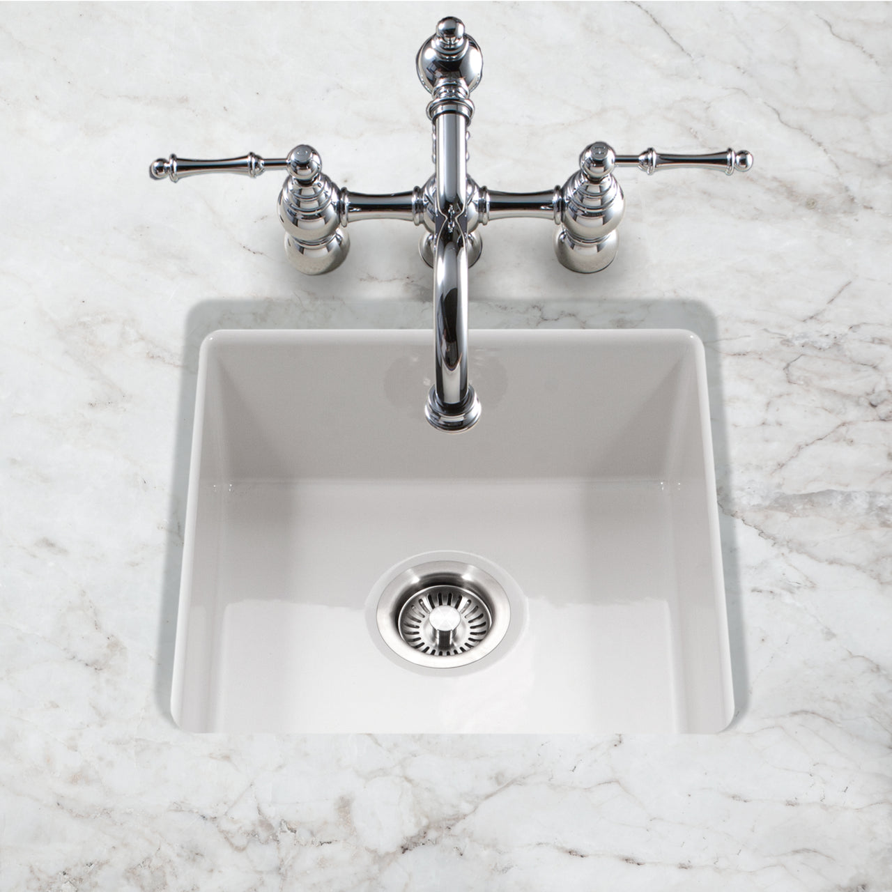 Houzer Platus 20 inch White Fireclay Undermount Square Single Bowl Bar Sink with Basket Strainer and Basin Grid Included