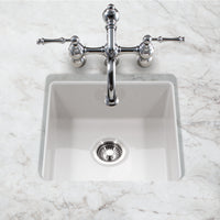 Thumbnail for Houzer Platus 20 inch White Fireclay Undermount Square Single Bowl Bar Sink with Basket Strainer and Basin Grid Included