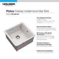 Thumbnail for Houzer Platus 20 inch White Fireclay Undermount Square Single Bowl Bar Sink with Basket Strainer and Basin Grid Included