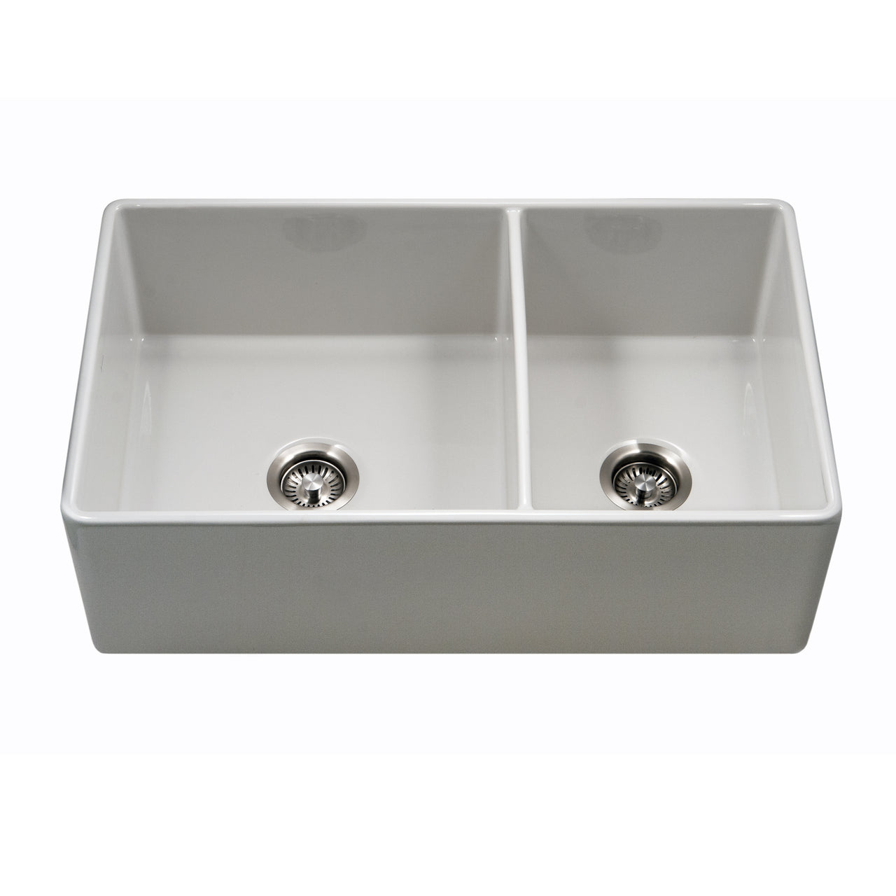 Houzer Platus 33 inch White Fireclay Apron Front Farmhouse 60/40 Double Bowl Kitchen Sink with Basket Strainer and Basin Grids Included