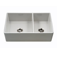 Thumbnail for Houzer Platus 33 inch White Fireclay Apron Front Farmhouse 60/40 Double Bowl Kitchen Sink with Basket Strainer and Basin Grids Included
