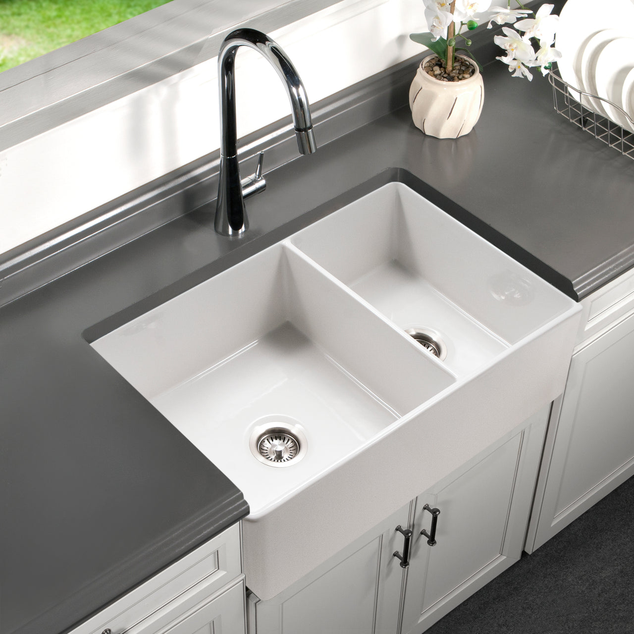 Houzer Platus 33 inch White Fireclay Apron Front Farmhouse Double Bowl Kitchen Sink